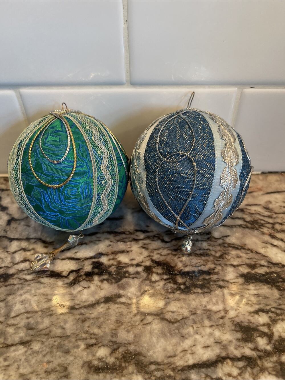 Handmade Blue Green Hanging Ornaments Lace Riff Raff Vintage Victorian Christmas